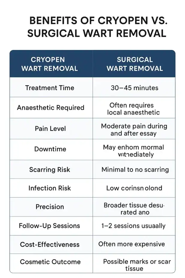 Table showing the benefits of cryopen to remove warts Wallingford compared to surgical treatment